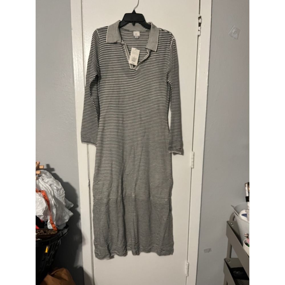 A New Day Womens Black Cream Striped Polo Collar Long Sleeve Sweater Dress L NWT